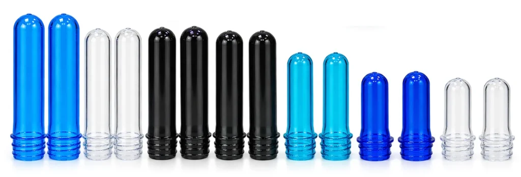 Flo-Tek PET preforms in blue, clear and black, in a range of sizes and neck finishes